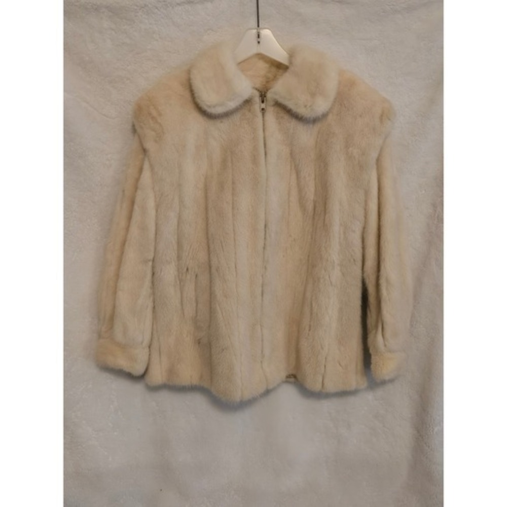 Vintage Women's XL Cream Mink Fur Jacket Zip Up Coat with Collar Off White